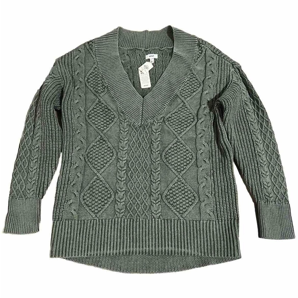 Aerie Cable Knit Sage Green Acid Wash Oversized V-neck Sweater Size XS